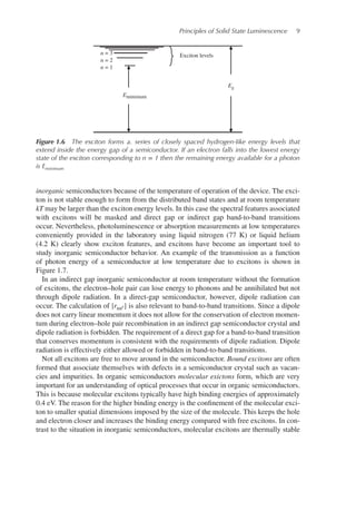 Principles of Solid State Luminescence 9
Exciton levels
Eminimum
Eg
n = 3
n = 2
n = 1
Figure 1.6 The exciton forms a. series of closely spaced hydrogen-Iike energy levels that
extend inside the energy gap of a semiconductor. If an electron falls into the lowest energy
state of the exciton corresponding to n = 1 then the remaining energy available for a photon
is Eminimum
inorganic semiconductors because of the temperature of operation of the device. The exci-
ton is not stable enough to form from the distributed band states and at room temperature
kT may be larger than the exciton energy levels. In this case the spectral features associated
with excitons will be masked and direct gap or indirect gap band-to-band transitions
occur. Nevertheless, photoluminescence or absorption measurements at low temperatures
conveniently provided in the laboratory using liquid nitrogen (77 K) or liquid helium
(4.2 K) clearly show exciton features, and excitons have become an important tool to
study inorganic semiconductor behavior. An example of the transmission as a function
of photon energy of a semiconductor at low temperature due to excitons is shown in
Figure 1.7.
In an indirect gap inorganic semiconductor at room temperature without the formation
of excitons, the electron–hole pair can lose energy to phonons and be annihilated but not
through dipole radiation. In a direct-gap semiconductor, however, dipole radiation can
occur. The calculation of |rnn′ | is also relevant to band-to-band transitions. Since a dipole
does not carry linear momentum it does not allow for the conservation of electron momen-
tum during electron–hole pair recombination in an indirect gap semiconductor crystal and
dipole radiation is forbidden. The requirement of a direct gap for a band-to-band transition
that conserves momentum is consistent with the requirements of dipole radiation. Dipole
radiation is effectively either allowed or forbidden in band-to-band transitions.
Not all excitons are free to move around in the semiconductor. Bound excitons are often
formed that associate themselves with defects in a semiconductor crystal such as vacan-
cies and impurities. In organic semiconductors molecular exictons form, which are very
important for an understanding of optical processes that occur in organic semiconductors.
This is because molecular excitons typically have high binding energies of approximately
0.4 eV. The reason for the higher binding energy is the confinement of the molecular exci-
ton to smaller spatial dimensions imposed by the size of the molecule. This keeps the hole
and electron closer and increases the binding energy compared with free excitons. In con-
trast to the situation in inorganic semiconductors, molecular excitons are thermally stable
 