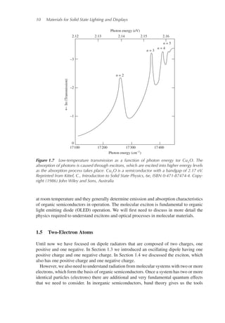 10 Materials for Solid State Lighting and Displays
17100 17200 17300
Photon energy (cm–1)
17400
In
(Transmission)
2.12
–3
–2
–1
0
2.13 2.14 2.15 2.16
n = 2
n = 3
n = 4
n = 5
Photon energy (eV)
Figure 1.7 Low-temperature transmission as a function of photon energy tor Cu2O. The
absorption of photons is caused through excitons, which are excited into higher energy levels
as the absorption process takes place. Cu2O is a semiconductor with a bandgap of 2.17 eV.
Reprinted from Kittel, C., Introduction to Solid State Physics, 6e, ISBN 0-471-87474-4. Copy-
right (1986) John Wiley and Sons, Australia
at room temperature and they generally determine emission and absorption characteristics
of organic semiconductors in operation. The molecular exciton is fundamental to organic
light emitting diode (OLED) operation. We will first need to discuss in more detail the
physics required to understand excitons and optical processes in molecular materials.
1.5 Two-Electron Atoms
Until now we have focused on dipole radiators that are composed of two charges, one
positive and one negative. In Section 1.3 we introduced an oscillating dipole having one
positive charge and one negative charge. In Section 1.4 we discussed the exciton, which
also has one positive charge and one negative charge.
However, we also need to understand radiation from molecular systems with two or more
electrons, which form the basis of organic semiconductors. Once a system has two or more
identical particles (electrons) there are additional and very fundamental quantum effects
that we need to consider. In inorganic semiconductors, band theory gives us the tools
 