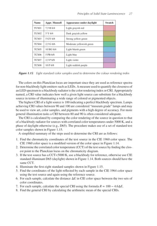 Principles of Solid State Luminescence 27
Name
TUS01 7,5 R 6/4 Light grayish red
Light bluish green
Light blue
Light violet
Light reddish purple
Strong yellow green
Moderate yellowish green
Dark grayish yellow
5 Y 6/4
5 GY 6/8
2,5 G 6/6
2,5 P 6/8
10 P 6/8
10 BG 6/4
5 PB 6/8
TUS02
TCS03
TCS04
TCS05
TCS06
TCS07
TCS08
Appr. Munsell Appearance under daylight Swatch
Figure 1.15 Eight standard color samples used to determine the colour rendering index
The colors on this Planckian locus are important since they are used as reference spectra
for non-blackbody light emitters such as LEDs. A measure used to quantify the closeness of
an LED spectrum to a blackbody radiator is the color rendering index or CRI. Appropriately
named, a CRI value indicates how well a given light source can substitute for a blackbody
source in terms of illuminating a wide range of colored or pigmented objects.
The highest CRI of a light source is 100 indicating a perfect blackbody spectrum. Lamps
achieving CRI values between 90 and 100 are considered “museum grade” lamps and may
be used to view art, color samples, and pigments with a high degree of accuracy. For more
general illumination tasks a CRI between 80 and 90 is often considered adequate.
The CRI is calculated by comparing the color rendering of the source in question to that
of a blackbody radiator for sources with correlated color temperatures under 5000 K, and a
phase of daylight otherwise (e.g., D65). The procedure makes use of a set of standard test
color samples shown in Figure 1.15.
A simplified summary of the steps used to determine the CRI are as follows:
1. Find the chromaticity coordinates of the test source in the CIE 1960 color space. The
CIE 1960 color space is a modified version of the color space in Figure 1.14.
2. Determine the correlated color temperature (CCT) of the test source by finding the clos-
est point to the Planckian locus on the chromaticity diagram.
3. If the test source has a CCT<5000 K, use a blackbody for reference, otherwise use CIE
standard illuminant D65 (daylight) shown in Figure 1.14. Both sources should have the
same CCT.
4. Illuminate the first eight standard samples shown in Figure 1.15.
5. Find the coordinates of the light reflected by each sample in the CIE 1964 color space
using the test source and again using the reference source.
6. For each sample, calculate the distance ΔE in CIE color space between the two sets of
color coordinates.
7. For each sample, calculate the special CRI using the formula R = 100 − 4.6ΔE.
8. Find the general CRI by calculating the arithmetic mean of the special CRIs.
 