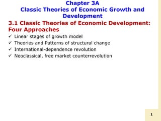 1
Chapter 3A
Classic Theories of Economic Growth and
Development
3.1 Classic Theories of Economic Development:
Four Approaches
 Linear stages of growth model
 Theories and Patterns of structural change
 International-dependence revolution
 Neoclassical, free market counterrevolution
 