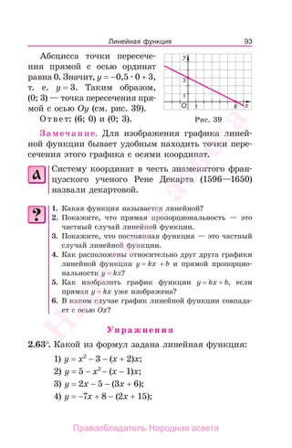 93
Абсцисса точки пересече-
ния прямой с осью ординат
равна 0. Значит, у = −0,5 0 + 3,
т. е. у = 3. Таким образом,
(0; 3) — точка пересечения пря-
мой с осью Оу (см. рис. 39).
Ответ: (6; 0) и (0; 3).
За меча ние. Для изображения графика линей-
ной функции бывает удобным находить точки пере-
сечения этого графика с осями координат.
Систему координат в честь знаменитого фран-
цузского ученого Рене Декарта (1596—1650)
назвали декартовой.
1. Какая функция называется линейной?
2. Покажите, что прямая пропорциональность — это
частный случай линейной функции.
3. Покажите, что постоянная функция — это частный
случай линейной функции.
4. Как расположены относительно друг друга графики
линейной функции у = kx + b и прямой пропорцио-
нальности у = kx?
5. Как изобразить график функции у = kx + b, если
прямая у = kx уже изображена?
6. В каком случае график линейной функции совпада-
ет с осью Ох?
Упражнения
2.63°. Какой из формул задана линейная функция:
1) у = х2
− 3 − (х + 2)x;
2) у = 5 − х2
− (х − 1)x;
3) у = 2х − 5 − (3х + 6);
4) у = −7х + 8 − (2х + 15);
Линейная функция
Рис. 39
Народная
асвета
Правообладатель Народная асвета
 