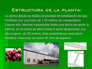 Estructura de la planta:
La planta donde se realiza el proceso de torrefacción es tipo
minifalda con una base de 1.10 metros de mampostería
y sobre ella laminas troqueladas hasta una altura de aprox. 6
metros, en el centro se eleva hasta 4 pisos alcanzando una
altura aprox. de 20 metros. Esta sostenida por estructura
metálica, columnas de hasta 40 cms de espesor.
 