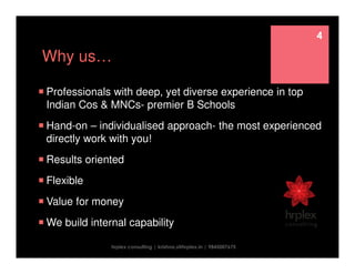 Professionals with deep, yet diverse experience in top
Indian Cos & MNCs- premier B Schools
Hand-on – individualised approach- the most experienced
directly work with you!
Results oriented
Flexible
Value for money
We build internal capability
Why us…
hrplex consulting | krishna.s@hrplex.in | 9845007675
4
 