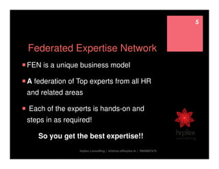 Federated Expertise Network
FEN is a unique business model
A federation of Top experts from all HR
and related areas
Each of the experts is hands-on and
steps in as required!
So you get the best expertise!!
hrplex consulting | krishna.s@hrplex.in | 9845007675
5
 