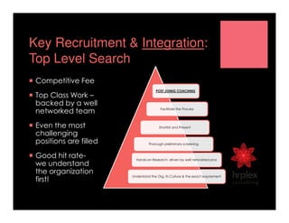 Key Recruitment & Integration:
Top Level Search
Competitive Fee
Top Class Work –
backed by a well
networked team
Even the most
challenging
positions are filled
Good hit rate-
we understand
the organization
first!
POST JOINIG COACHING
Facilitate the Process
Shortlist and Present
Thorough preliminary screening
Hands-on Research- driven by well networked pros
Understand the Org, its Culture & the exact requirement
 