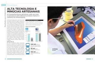 Resultados para Stakeholders   Consumidoras


                               Alta tecnologia e
                               minúcias artesanais
                               A Companhia busca aprimorar cada vez mais
                               os processos para oferecer produtos fashion e
                               conforto às consumidoras
                               Você já parou para pensar o que torna um par       Linha direta com a consumidora
                               de sapatos confortável, seguro e gostoso de       Em 2011 a ArezzoCo passou a usar de forma mais
                               usar? Alguns quesitos são fáceis de observar,     consistente as mídias sociais e a internet. “É uma ferramenta
                               como a altura do salto ou a maciez do cou-        fantástica, uma forma de chegar bem perto da consumidora”,
                               ro, mas a equação completa inclui muito mais      elogia Cláudia Narciso, diretora de PD e Marketing.
                               que isso. A equipe da ArezzoCo é especialis-
                               ta nessa conta, mas admite que a tarefa é um      Números em 31 de dezembro

                               desafio que motiva seu trabalho a cada dia.
                               “É muito difícil chegar a um sapato perfeito,
                               redondo. É como fazer um vinho de excelen-
                                                                                 Seguidores no                      Seguidores no
                               te qualidade”, diz Cláudia Narciso, diretora de
                                                                                 Twitter                            Facebook
                               Pesquisa  Desenvolvimento e Marketing. O
                                                                                                                                40 mil
                               cuidado com a concepção e confecção envol-        40                                  38 mil
                                                                                        33 mil
                               ve todos os produtos da Companhia, em suas
                                                                                 30
                               quatro marcas: Arezzo, Schutz, Alexandre Bir-
                               man e Anacapri. Além de sapatos, o portfólio      20
                                                                                                    14mil
                               de produtos inclui cintos, bolsas, carteiras,
                                                                                 10
                               chapéus, bijuterias, esmaltes, kaftans, óculos
                               e relógios.                                        0
                               (GRI 2.2; GRI 2.8)                                      Arezzo       Schutz           Arezzo     Schutz

                               Em 2011, a Companhia obteve importantes
                               avanços no conforto, com o desenvolvimento                          240 mil          acessos ao
                               de uma sola mais macia e segura em parceria                         mês na loja virtual da Schutz,
                               com um de seus fornecedores, e em redução                           lançada em setembro de 2011
                               de custos, com um processo mais inteligen-
                               te de aproveitamento das construções-base                           30 mil acessos                                Investimentos
                               para montar sapatos. No começo do ano, a                            mensais ao blog da Schutz                     em tecnologia
                                                                                                                                                 de ponta
                               marca Arezzo também passou a usar uma
                               ferramenta tecnológica chamada CNC (Com-                            150 mil        acessos
                               puter Numeric Control, ou Controle Numérico                         mensais ao site institucional
                                                                                                   Schutz
                               Computadorizado). Ela permite que as peças




             28                relatório de sustentabilidade 2011                                                                                                arezzoCO   29
 