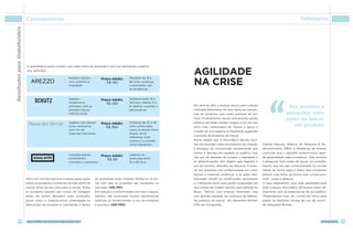Resultados para Stakeholders   Consumidoras                                                                                                                                                                     Pelemania




                               Cada uma na sua
                               A qualidade é ponto comum, mas cada marca da ArezzoCo tem sua identidade e público
                               alvo definidos.
                                                                                                                                 Agilidade
                                                                                                                                 na crise
                                                             Modelos fashion           Preço médio:      Mulheres de 16 a




                                                                                                                                                                                       ‘‘
                                                             com conforto e               R$ 180         60 anos, ecléticas
                                                             qualidade.                                  e antenadas com
                                                                                                         as tendências


                                                             Sapatos                   Preço médio:      Mulheres entre 18 e
                                                             modernos e                   R$ 285         40 anos, classes A e
                                                             alinhados com as                            B, fashion, ousadas e   Em abril de 2011, a Arezzo lançou uma coleção
                                                                                                                                 chamada Pelemania, em que havia um percen-
                                                                                                                                                                                                       Nos ensinou a
                                                             grandes marcas                              provocativas
                                                             internacionais.                                                     tual de produtos com peles exóticas de ani-                          pesquisar mais
                                                                                                                                 mais. O lançamento causou uma grande reação                          antes de lançar
                                                             Sapatos com design        Preço médio:      Mulheres de 20 a 45     pública nas redes sociais: chegou a ser um dos
                                                             único, exclusivos,           R$ 960         anos sofisticadas       itens mais comentados do Twitter e gerou a                              um produto
                                                             com mix de                                  como as atrizes Demi
                                                                                                                                 criação de uma página no Facebook sugerindo
                                                             materiais marcantes.                        Moore, Anne
                                                                                                                                 o boicote de produtos da marca.
                                                                                                         Hathaway, Kate
                                                                                                         Hudson e a modelo       Numa reação ágil, a ArezzoCo decidiu reco-
                                                                                                         Gisele Bündchen         lher do mercado todos os produtos da coleção,     Cláudia Narciso, diretora de Pesquisa  De-
                                                                                                                                 e divulgou um comunicado esclarecendo que         senvolvimento (PD) e Marketing da Arezzo,
                                                                                                                                 tomou a decisão em respeito ao público, mas       concorda que o episódio proporcionou gran-
                                                             Calçados planos,          Preço médio:      Adeptas do
                                                             confortáveis,                               estilo pop entre        não por ter deixado de cumprir a legislação e     de aprendizado para a empresa. “Nos ensinou
                                                                                          R$ 99
                                                             coloridos e acessíveis.                     16 e 60 anos            as determinações dos órgãos que regulam o         a pesquisar mais antes de lançar um produto,
                                                                                                                                 uso de insumos retirados da natureza. A maio-     mesmo que ele seja comercializado no mundo
                                                                                                                                 ria dos produtos era confeccionada em couro       inteiro de forma legal e todos seus processos
                                                                                                                                 bovino e materiais sintéticos, e as peles dife-   tenham sido feitos da forma mais correta pos-
                               tilha com normas técnicas e testes pelos quais    de qualidade. Esse cuidado reflete-se na for-   renciadas tinham as certificações necessárias     sível”, avalia a diretora.
                               todos os produtos e matérias-primas terão de      ma com que os produtos são recebidos no         e a liberação tanto para serem produzidas em      O caso representou uma lição aprendida para
                               passar antes de ser colocados à venda. Todos      mercado. (GRI PR1)                              seus países de origem quanto para entrada no      todo o grupo ArezzoCo, de buscar maior ali-
                               os produtos passam por testes de rodagem          Em relação à conformidade com leis e regula-    Brasil. “Saímos com prejuízo financeiro, mas      nhamento com as expectativas de seu público.
                               antes de serem liberados para produção,           mentos, não ocorreram multas significativas     com grande respaldo da confiança de diferen-      “Pretendemos criar um comitê de riscos para
                               assim como a matéria-prima empregada na           relativas ao fornecimento e uso de produtos     tes públicos na marca”, diz Alexandre Birman,     avaliar as melhores formas de uso do couro”,
                               fabricação do produto é submetida a testes        e serviços. (GRI PR9)                           COO da Companhia.                                 diz Alexandre Birman.




             32                 relatório de sustentabilidade 2011                                                                                                                                                          arezzoCO   33
 