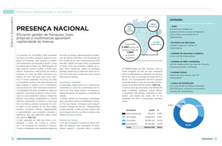 Sobre a Arezzo&Co   Estrutura operacional e acionária

                                                                                                                                                                                Unidades
                                                                                                                                         45 lojas próprias
                                                                                                                                            289 franquias 289

                    Presença nacional
                                                                                                                            45                          franquias               • Sede
                                                                                                                            lojas        2.146 multimarcas
                                                                                                                                                                                Concentra os trabalhos de
                                                                                                                          próprias
                                                                                                                               Totalizando 2.480 pontos de ven-
                                                                                                                                                                                Auditoria Interna e Comercial Regional
                                                                                                                                da em mais de 1.080 municípios
                    Eficiente gestão de franquias, lojas                                                                                     brasileiros
                                                                                                                                                                                Centro-Oeste, executados por 16

                    próprias e multimarcas garantem                                                                                                                             colaboradores

                    capilaridade às marcas                                                                                                                     2.146            • Escritório em São Paulo
                                                                                                                         Totalizando                        multimarcas
                                                                                                                                                                                Unidade corporativa, abriga 173
                                                                                                                      2.480 pontos de                                           colaboradores
                                                                                                                      venda em mais de
                                                                                                                           1.080                                                • Unidade de Sourcing e Logística
                    Os produtos da Arezzo&Co estão presentes          ao longo do tempo, especialmente na confec-        municípios
                                                                                                                                                                                Conta com 89 colaboradores
                    em todo o território brasileiro, graças ao pro-   ção de sapatos femininos. Está localizado no       brasileiros
                    grama de franquias, lojas próprias e endere-      Rio Grande do Sul, que é responsável por 33%                       Dados referentes a dezembro de 2011
                                                                                                                                                                                • Unidade de P&D e Marketing
                    ços multimarcas. Em dezembro de 2011, a rede      dos 894 milhões de pares feitos anualmente
                                                                                                                                                                                São 341 colaboradores das áreas de Pesquisa
                    de distribuição contava com 289 franquias, 45     no Brasil. Uma das principais cidades da re-
                                                                                                                                                                                e Desenvolvimento e Marketing
                    lojas próprias, sendo 6 outlets, e 2.146 multi-   gião, Novo Hamburgo, sediou as primeiras        na BM&FBovespa em 2011. Durante o IPO, as
                    marcas, totalizando 2.480 pontos de venda e       grandes indústrias do segmento ainda no sé-     ações chegaram ao teto de valor estipulado
                                                                                                                                                                                • Unidade Schutz
                    presença em mais de 1.080 municípios bra-         culo XIX e até hoje é conhecida como Capital    pelos coordenadores da operação, alcançando
                                                                                                                                                                                Fábrica da marca Schutz, tem 657
                    sileiros. Em 2011, 38 novas lojas foram aber-     Nacional do Calçado.                            R$ 19 por ação (a previsão era entre R$ 15 e
                                                                                                                                                                                colaboradores
                    tas e 17 foram ampliadas. Em março de 2012,                                                       R$ 19). Em 31 de dezembro de 2011 a cotação
                    a Companhia contava com 292 franquias, 46         Tecnologia e marketing                          era de R$ 22,86 e o valor de mercado da Com-
                                                                                                                                                                                • Centro de Distribuição
                    lojas próprias, 5 outlets e 2.177 multimarcas,    A Arezzo&Co desenvolveu-se e continua seu       panhia era de R$ 2.054,18 milhões. (GRI 2.9)
                                                                                                                                                                                Com capacidade de armazenamento de
                    com presença em 1.200 municípios brasileiros.     crescimento a partir da concentração de es-     O capital social da Arezzo&Co é de 88.542.410
                                                                                                                                                                                650.000 pares, comporta 10 caminhões e
                    A Companhia tem duas unidades de negócios         forços em duas áreas chaves: na pesquisa e      ações ordinárias. Anderson Lemos Birman
                                                                                                                                                                                emprega 39 colaboradores.
                    distintas: uma reúne as marcas Arezzo e Ana-      desenvolvimento de produtos e na gestão de      e Alexandre Café Birman controlam a Com-
                    capri e a outra administra Schutz e Alexandre     vendas.                                         panhia, com 53,6% das ações. Em 31 de
                    Birman, mas ambas compartilham a mesma            O Grupo investe em tecnologia e processos       dezembro de 2011, a composição acionária
                    estrutura corporativa. A Schutz é a única que     para especificar de forma detalhada o produ-    era de:
                    tem uma fábrica própria, localizada em Cam-       to final que deseja. Consegue assim adquirir                                                                        11,8%
                                                                                                                                                                               0,4%                          34,3%
                    po Bom, no Rio Grande do Sul. Esta região         produto acabado de fábricas independentes
                    também concentra fábricas independentes           e especializadas, confeccionando apenas 14%          Acionistas                      Ações    %
                    e especializadas que produzem calçados e          da produção total em sua fábrica própria, dos
                                                                                                                           Administradores             325.075      0,4%
                    acessórios que são adquiridos pelas outras        sapatos da marca Schutz.
                    três marcas. (GRI 2.3)                                                                                 FIP Piraíba              10.436.453      11,8%
                    O polo calçadista do Vale dos Sinos é con-        Mercado de Capitais                                  Circulação               30.366.421      34,3%
                    siderado o maior do mundo e concen-               Foco em resultados é a base do eficaz mo-
                                                                                                                           Controlador              147.414.461     53,6%
                    tra 2 mil empresas de calçados e insumos.         delo de negócios que conquistou os inves-                                                                                   53,6%
                                                                                                                           Total                   88.542.410       100%
                    O polo é respeitado pela expertise adquirida      tidores quando a empresa abriu o capital




        14          relatório de sustentabilidade 2011                                                                                                                                                              arezzo&CO   15
 