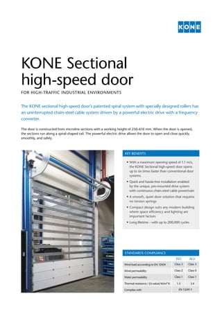 The KONE sectional high-speed door’s patented spiral system with specially designed rollers has
an uninterrupted chain-steel cable system driven by a powerful electric drive with a frequency
converter.
KONE Sectional
high-speed door
FOR HIGH-TRAFFIC INDUSTRIAL ENVIRONMENTS
KEY BENEFITS
■ With a maximum opening speed of 1.1 m/s,
the KONE Sectional high-speed door opens
up to six times faster than conventional door
systems.
■ Quick and hassle-free installation enabled
by the unique, pre-mounted drive system
with continuous chain-steel cable powertrain
■ A smooth, quiet door solution that requires
no torsion springs
■ Compact design suits any modern building
where space efficiency and lighting are
important factors
■ Long lifetime – with up to 200,000 cycles
STANDARDS COMPLIANCE
ISO ALU
Wind load acccording to EN 12424 Class 3 Class 3
Wind permeability Class 2 Class 0
Water permeability Class 1 Class 1
Thermal resistance / (U-value) W/m2 K 1.5 3.4
Complies with EN 13241-1
The door is constructed from microline sections with a working height of 250-610 mm. When the door is opened,
the sections run along a spiral-shaped rail. The powerful electric drive allows the door to open and close quickly,
smoothly, and safely.
 