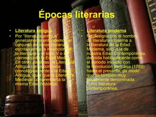 Épocas literarias   Literatura antigua Por “literatura antigua” generalmente entendemos el conjunto de obras literarias escritas entre la invención de la literatura y el siglo V o el comienzo de la Edad Media. En otras palabras, la Literatura Antigua correspondería cronológicamente a la Edad Antigua, igual que la Literatura Medieval comprendería la misma Edad histórica. Literatura moderna No designa con el nombre de literatura moderna a la literatura de la Edad Moderna, sino a la de nuestra Edad Contemporánea, definida habitualmente como el periodo iniciado con la Revolución francesa (1789) hasta el presente, de modo que es también muy usualmente denominada como literatura contemporánea.  