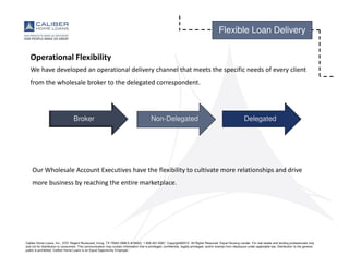 Caliber Home Loans, Inc., 3701 Regent Boulevard, Irving, TX 75063 (NMLS #15622). 1-800-401-6587. Copyright©2015. All Rights Reserved. Equal Housing Lender. For real estate and lending professionals only
and not for distribution to consumers. This communication may contain information that is privileged, confidential, legally privileged, and/or exempt from disclosure under applicable law. Distribution to the general
public is prohibited. Caliber Home Loans is an Equal Opportunity Employer.
Flexible Loan Delivery
Operational Flexibility
We have developed an operational delivery channel that meets the specific needs of every client
from the wholesale broker to the delegated correspondent.
Broker Non-Delegated Delegated
Our Wholesale Account Executives have the flexibility to cultivate more relationships and drive
more business by reaching the entire marketplace.
 
