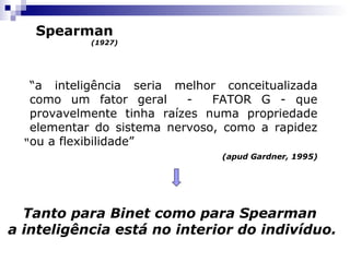 Spearman
(1927)
“
Tanto para Binet como para Spearman
a inteligência está no interior do indivíduo.
“a inteligência seria melhor conceitualizada
como um fator geral - FATOR G - que
provavelmente tinha raízes numa propriedade
elementar do sistema nervoso, como a rapidez
ou a flexibilidade”
(apud Gardner, 1995)
 