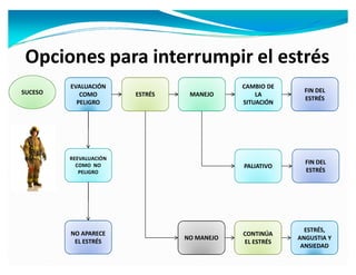 Opciones para interrumpir el estrés
         EVALUACIÓN                          CAMBIO DE
SUCESO                                                     FIN DEL
            COMO        ESTRÉS    MANEJO         LA
                                                           ESTRÉS
           PELIGRO                           SITUACIÓN




         REEVALUACIÓN
           COMO NO
                                                           FIN DEL
                                             PALIATIVO
            PELIGRO                                        ESTRÉS




                                                           ESTRÉS,
         NO APARECE                          CONTINÚA
                                 NO MANEJO               ANGUSTIA Y
          EL ESTRÉS                          EL ESTRÉS
                                                          ANSIEDAD
 