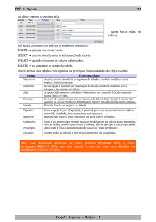 PHP e MySQL 133
Ao clicar teremos a seguinte tela:
Agora   basta   editar   os 
valores.
Até agora colocamos em prática os seguintes comandos:
INSERT   quando inserimos dados.→
SELECT   quando visualizamos as informações da tabela.→
UPDATE   quando editamos os valores adicionados.→
DELETE   ao apagamos o campo da tabela.→
Abaixo temos uma tabelas com algumas da principais funcionalidades do PhpMyAdmin.
Menu Funcionalidade
Visualizar   Aqui é possível visualizar os registros da tabela e também modificar cada 
registro individualmente.
Estrutura  Nesta opção é possível ver os campos da tabela, também modificar estes 
campos e até mesmo excluí­los.
SQL   A opção SQL permite você digitar livremente um comando SQL diretamente 
numa caixa de texto.
Procurar   É possível realizar pesquisas nos registros da tabela. Este recurso é muito útil 
quando se deseja encontrar determinado registro em uma tabela muito extensa.
Inserir Permite inserir um registro na tabela.
Exportar  Com a opção Export (Exportar), é possível gerar um arquivo texto com todo o 
conteúdo da tabela, juntamente com sua estrutura.
Importar  Importa um arquivo com comandos sql para dentro do banco.
Operações  Igual e do mesmo tipo permite realizar modificações na tabela, como renomear, 
alterar ordem, movê­la para outra database, alterar seu tipo e outras operações.
Privilégios Área onde é feita a administração de usuários e suas permissões.
Designer Mostra todas as tabelas e seus relacionamentos em diagramas.
Obs.:   Não   abordamos   definições   de   chave   primaria   (PRIMARY   KEY),   e   chave 
estrangeira(FOREIGN   KEY),   pois   esse   assunto   é   mostrado   com   mais   detalhes   em 
modelagem de banco de dados.
Projeto E­jovem ­ Módulo II
 