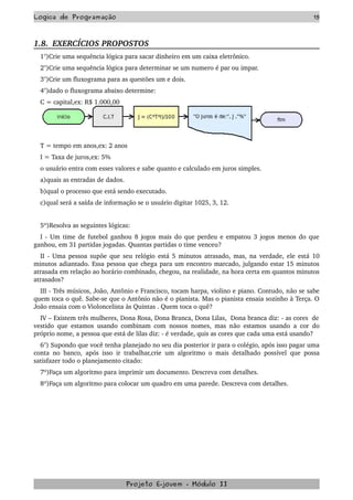 Logica de Programação 15
1.8.  EXERCÍCIOS PROPOSTOS  
1°)Crie uma sequência lógica para sacar dinheiro em um caixa eletrônico.
2°)Crie uma sequência lógica para determinar se um numero é par ou impar.
3°)Crie um fluxograma para as questões um e dois.
4°)dado o fluxograma abaixo determine:
C = capital,ex: R$ 1.000,00
T = tempo em anos,ex: 2 anos
I = Taxa de juros,ex: 5%
o usuário entra com esses valores e sabe quanto e calculado em juros simples.
a)quais as entradas de dados.
b)qual o processo que está sendo executado.
c)qual será a saída de informação se o usuário digitar 1025, 3, 12.
5º)Resolva as seguintes lógicas:
I ­ Um time de futebol ganhou 8 jogos mais do que perdeu e empatou 3 jogos menos do que 
ganhou, em 31 partidas jogadas. Quantas partidas o time venceu?
II ­ Uma pessoa supõe que seu relógio está 5 minutos atrasado, mas, na verdade, ele está 10 
minutos adiantado. Essa pessoa que chega para um encontro marcado, julgando estar 15 minutos 
atrasada em relação ao horário combinado, chegou, na realidade, na hora certa em quantos minutos 
atrasados?
III ­ Três músicos, João, Antônio e Francisco, tocam harpa, violino e piano. Contudo, não se sabe 
quem toca o quê. Sabe­se que o Antônio não é o pianista. Mas o pianista ensaia sozinho à Terça. O 
João ensaia com o Violoncelista às Quintas . Quem toca o quê?
IV – Existem três mulheres, Dona Rosa, Dona Branca, Dona Lilas,  Dona branca diz: ­ as cores  de 
vestido que estamos usando combinam com nossos nomes, mas não estamos usando a cor do 
próprio nome, a pessoa que está de lilas diz: ­ é verdade, quis as cores que cada uma está usando? 
6°) Supondo que você tenha planejado no seu dia posterior ir para o colégio, após isso pagar uma 
conta no banco, após isso ir trabalhar,crie um algoritmo o mais detalhado possível que possa 
satisfazer todo o planejamento citado:
7º)Faça um algoritmo para imprimir um documento. Descreva com detalhes.
8º)Faça um algoritmo para colocar um quadro em uma parede. Descreva com detalhes.
Projeto E­jovem ­ Módulo II
 