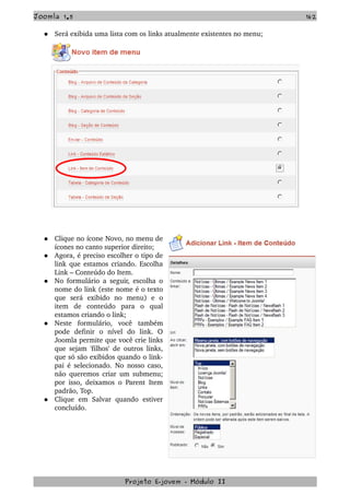 Joomla 1.5 162
 Será exibida uma lista com os links atualmente existentes no menu;
 Clique no ícone Novo, no menu de 
ícones no canto superior direito;
 Agora, é preciso escolher o tipo de 
link que estamos criando. Escolha 
Link – Conteúdo do Item.
 No formulário a seguir, escolha o 
nome do link (este nome é o texto 
que   será   exibido   no   menu)   e   o 
item   de   conteúdo   para   o   qual 
estamos criando o link;
 Neste   formulário,   você   também 
pode   definir   o   nível   do   link.   O 
Joomla permite que você crie links 
que sejam 'filhos' de outros links, 
que só são exibidos quando o link­
pai é selecionado. No nosso caso, 
não queremos criar um submenu; 
por isso, deixamos o Parent Item 
padrão, Top.
 Clique   em   Salvar  quando   estiver 
concluído.
Projeto E­jovem ­ Módulo II
 