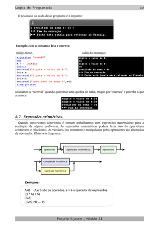 Logica de Programação 20
O resultado da saída desse programa é a seguinte:
Exemplo com o comando leia e escreva:
código­fonte. saída da execução:
utilizamos o “escreval” quando queremos uma quebra de linha, troque por “escreva” e perceba o que 
acontece:
2.7.  Expressões aritméticas.
Quando construímos algoritmos é comum trabalharmos com expressões matemáticas para a 
resolução   de   alguns   problemas.   As   expressões   matemáticas   podem   fazer   uso   de   operadores 
aritméticos e relacionais. As variáveis (ou constantes) manipuladas pelos operadores são chamadas 
de operandos. Observe o diagrama:
Exemplos:
A+B (A e B são os operados, e + é o operador da expressão).
((2 * A) + 5)
(B/A)
((A//2)*B) – 15
Projeto E­jovem ­ Módulo II
 