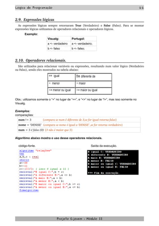 Logica de Programação 22
2.9.  Expressões lógicas
As expressões lógicas sempre retornaram  True  (Verdadeiro) e  False  (Falso). Para se montar 
expressões lógicas utilizamos de operadores relacionais e operadores lógicos.
Exemplo:
Visualg: Portugol:
a <- verdadeiro a <- verdadeiro;
b <- falso b <- falso;
2.10.  Operadores relacionais.
São utilizados para relacionar variáveis ou expressões, resultando num valor lógico (Verdadeiro 
ou Falso), sendo eles mostrados na tabela abaixo:
Obs.: utilizamos somente o “=” no lugar de “==”, e “<>” no lugar de “!=”, mas isso somente no
Visualg.
Exemplos:
comparações:
num != 3              {compara se num é diferente de 3,se for igual retorna falso}
nome = ‘DENISE’  {compara se nome é igual a ‘DENISE’ ,se for retorna verdadeiro}
num > 5 é falso (0) {3 não é maior que 5}
Algorítimo abaixo mostra o uso desse operadores relacionais.
código-fonte. Saída da execução.
Projeto E­jovem ­ Módulo II
 