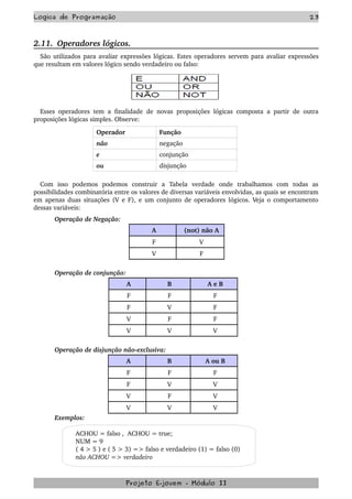 Logica de Programação 23
2.11.  Operadores lógicos.
São utilizados para avaliar expressões lógicas. Estes operadores servem para avaliar expressões 
que resultam em valores lógico sendo verdadeiro ou falso:
Esses operadores tem a finalidade de novas proposições lógicas composta a partir de outra 
proposições lógicas simples. Observe:
Operador  Função
não negação
e conjunção
ou disjunção
Com   isso   podemos   podemos   construir   a   Tabela   verdade   onde   trabalhamos   com   todas   as 
possibilidades combinatória entre os valores de diversas variáveis envolvidas, as quais se encontram 
em apenas duas situações (V e F), e um conjunto de operadores lógicos. Veja o comportamento 
dessas variáveis:
Operação de Negação:
A (not) não A
F V
V F
Operação de conjunção:
A B A e B
F F F
F V F
V F F
V V V
Operação de disjunção não­exclusiva:
A B A ou B
F F F
F V V
V F V
V V V
Exemplos:  
ACHOU = falso ,  ACHOU = true;
NUM = 9
( 4 > 5 ) e ( 5 > 3) => falso e verdadeiro (1) = falso (0)
não ACHOU => verdadeiro
Projeto E­jovem ­ Módulo II
 