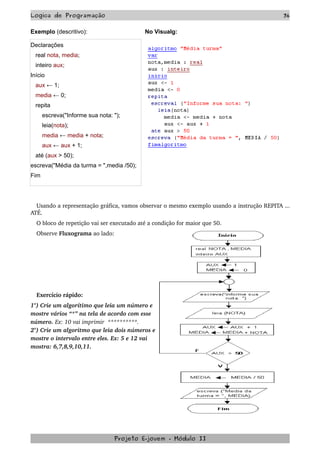 Logica de Programação 36
Exemplo (descritivo): No Visualg:
Declarações
real nota, media;
inteiro aux;
Início
aux ← 1;
media ← 0;
repita
escreva("Informe sua nota: ");
leia(nota);
media ← media + nota;
aux ← aux + 1;
até (aux > 50);
escreva("Média da turma = ",media /50);
Fim
Usando a representação gráfica, vamos observar o mesmo exemplo usando a instrução REPITA ... 
ATÉ.
O bloco de repetição vai ser executado até a condição for maior que 50.
Observe Fluxograma ao lado:
Exercício rápido:
1°) Crie um algorítimo que leia um número e 
mostre vários “*” na tela de acordo com esse 
número. Ex: 10 vai imprimir  **********.
2°) Crie um algoritmo que leia dois números e 
mostre o intervalo entre eles. Ex: 5 e 12 vai 
mostra: 6,7,8,9,10,11.
Projeto E­jovem ­ Módulo II
 