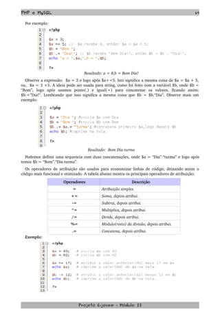 PHP e MySQL 69
Por exemplo: 
Resultado: a = 8,b = Bom Dia! 
Observe a expressão:  $a = 3 e logo após $a+=5. Isto significa a mesma coisa de $a = $a + 5, 
ou,  $a = 3 +5. A ideia pode ser usada para string, como foi feito com a variável $b, onde $b = 
“Bom”,   logo   após   usamos   ponto(.)   e   igual(=)   para   concatenar   os   valores,   ficando   assim: 
$b.=”Dia!”. Lembrando que isso significa a mesma coisa que $b = $b.“Dia”. Observe mais um 
exemplo:
Resultado:  Bom Dia turma 
Podemos definir uma sequencia com duas concatenações, onde $a = “Dia”.“turma” e logo após 
temos $b = “Bom”.“Dia turma”.
Os operadores de atribuição são usados para economizar linhas de código, deixando assim o 
código mais funcional e otimizado. A tabela abaixo mostra os principais operadores de atribuição:
Operadores Descrição
= Atribuição simples.
+= Soma, depois atribui.
­= Subtrai, depois atribui.
*= Multiplica, depois atribui.
/= Divide, depois atribui.
%= Modulo(resto) da divisão, depois atribui.
.= Concatena, depois atribui.
Exemplo:
Projeto E­jovem ­ Módulo II
 