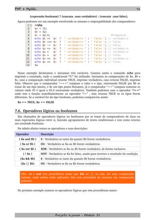 PHP e MySQL 72
(expressão booleana) ? (executa  caso verdadeiro) : (executa  caso falso);
Agora podemos ver um exemplo envolvendo as sintaxes e empregabilidade dos comparadores:
Nesse exemplo declaramos e iniciamos três variáveis. Usamos então o comando  echo  para 
imprimir o resultado, onde o condicional “?:” foi utilizado. Iniciamos as comparações de $a, $b e 
$c, caso a comparação individual retorne TRUE, imprime verdadeiro, caso retorne FALSE, imprime 
falso. Observe que o comparador “===” compara o valor e o tipo, retornando FALSE por $b se 
tratar de um tipo inteiro, e $c um tipo ponto flutuante, já o comparador “==” compara somente os 
valores onde 45 é igual a 45.0 retornando verdadeiro. Também podemos usar o operador “!==” 
onde tem a função semelhantemente ao operador “!=” , mas retorna TRUE se os tipos forem 
diferentes. Se a variável for do tipo booleano, podemos compará­los assim:
$a == TRUE, $a == FALSE
7.6.  Operadores lógicos ou booleanos
São chamados de operadores lógicos ou booleanos por se tratar de comparadores de duas ou 
mais expressões lógicas entre si, fazendo agrupamento de testes condicionais e tem como retorno 
um resultado booleano.
Na tabela abaixo temos os operadores e suas descrições:
Operador Descrição
( $a and $b ) E : Verdadeiro se tanto $a quanto $b forem verdadeiros.
( $a or $b ) OU : Verdadeiro se $a ou $b forem verdadeiros.
( $a xor $b ) XOR : Verdadeiro se $a ou $b forem verdadeiro, de forma exclusiva.
( ! $a ) NOT : Verdadeiro se $a for falso, usado para inverter o resultado da condição.
($a && $b) E : Verdadeiro se tanto $a quando $b forem verdadeiros.
($a || $b) OU : Verdadeiro se $a ou $b forem verdadeiros.
Obs.:  or  e  and  tem procedência maior que  &&  ou  ||, ou seja, em uma comparação 
extensa, onde ambos estão aplicados. Eles tem prioridade de executar sua comparação 
primeiro.
No próximo exemplo usamos os operadores lógicos que tem procedência maior:
Projeto E­jovem ­ Módulo II
 