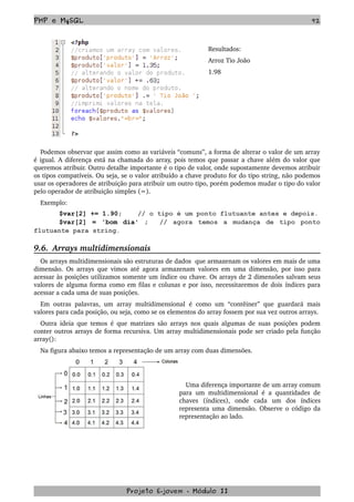 PHP e MySQL 92
 
Resultados:
Arroz Tio João
1.98
Podemos observar que assim como as variáveis “comuns”, a forma de alterar o valor de um array 
é igual. A diferença está na chamada do array, pois temos que passar a chave além do valor que 
queremos atribuir. Outro detalhe importante é o tipo de valor, onde supostamente devemos atribuir 
os tipos compatíveis. Ou seja, se o valor atribuído a chave produto for do tipo string, não podemos 
usar os operadores de atribuição para atribuir um outro tipo, porém podemos mudar o tipo do valor 
pelo operador de atribuição simples (=). 
Exemplo:
$var[2] += 1.90; // o tipo é um ponto flutuante antes e depois.
$var[2] = 'bom dia' ; // agora temos a mudança de tipo ponto
flutuante para string.
9.6.  Arrays multidimensionais
Os arrays multidimensionais são estruturas de dados  que armazenam os valores em mais de uma 
dimensão. Os arrays que vimos até agora armazenam valores em uma dimensão, por isso para 
acessar às posições utilizamos somente um índice ou chave. Os arrays de 2 dimensões salvam seus 
valores de alguma forma como em filas e colunas e por isso, necessitaremos de dois índices para 
acessar a cada uma de suas posições. 
Em outras palavras, um array multidimensional  é como um “contêiner” que guardará mais 
valores para cada posição, ou seja, como se os elementos do array fossem por sua vez outros arrays.
Outra ideia que temos é que matrizes são arrays nos quais algumas de suas posições podem 
conter outros arrays de forma recursiva. Um array multidimensionais pode ser criado pela função 
array():
Na figura abaixo temos a representação de um array com duas dimensões.
 
Uma diferença importante de um array comum 
para um multidimensional é a quantidades de 
chaves   (índices),   onde   cada   um   dos   índices 
representa uma dimensão. Observe o código da 
representação ao lado.
 
Projeto E­jovem ­ Módulo II
 