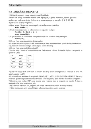 PHP e MySQL 98
9.8.  EXERCÍCIOS PROPOSTOS  
1°) O que é um array, e qual a sua principal finalidade.
Declare um array chamado “nomes” com 8 posições, e grave  nomes de pessoas que você 
conhece em cada uma delas. Após criar o array responsa as questões 2, 4, 5, 10, 11:
2°)Utilizado o array responda.
a)Qual nome é impresso no navegador se colocarmos o código:
echo nomes[3];
b)Quais nomes aparecerá se adicionamos os seguintes códigos:
for($i= 6; $i>1 ; i--)
echo nomes[$i];
c)O que acontece se chamarmos uma posição que não existe no array, exemplo:
nomes[15];
3°)O que é um array associativo, de exemplos:
4°)Usando o comando foreach, crie uma interação onde todos os nomes  possa ser impresso na tela.
5°)Utilizando o mesmo código, altere alguns nomes do array. 
6°)O que é um array multidimensional?
Crie um array “palavras” multidimensional 5x3 com os valores da tabela abaixo, e responda as 
questões 7,8,9:
“oi” “tudo”  “estar”
“você” “vai” “?”
“com” “dia” “!”
“,” “bem” “sim”
“casa” “hoje” “em”
7°)Crie um código PHP onde com os valores do array possa ser impresso na tela com a frase “oi, 
tudo bem com você?”.
8°)Utilizando as posições da sequencia [1][0],[1][1],[0][2],[4][2],[4][0],[4][1],[1][2] do array 
palavras, qual frase podemos formular?utilize a função print() para mostrar na tela do navegador.
9°)Construa um código PHP para mostra uma resposta para a pergunta da qustão 7. (use o 
comando echo para imprimir na tela.
10°)Utilizando a função sort, imprima em ordem alfabética os nomes do array “nomes”.
11°)Use o comando array_unshift() para adicionar mais dois nomes no array.
Projeto E­jovem ­ Módulo II
 