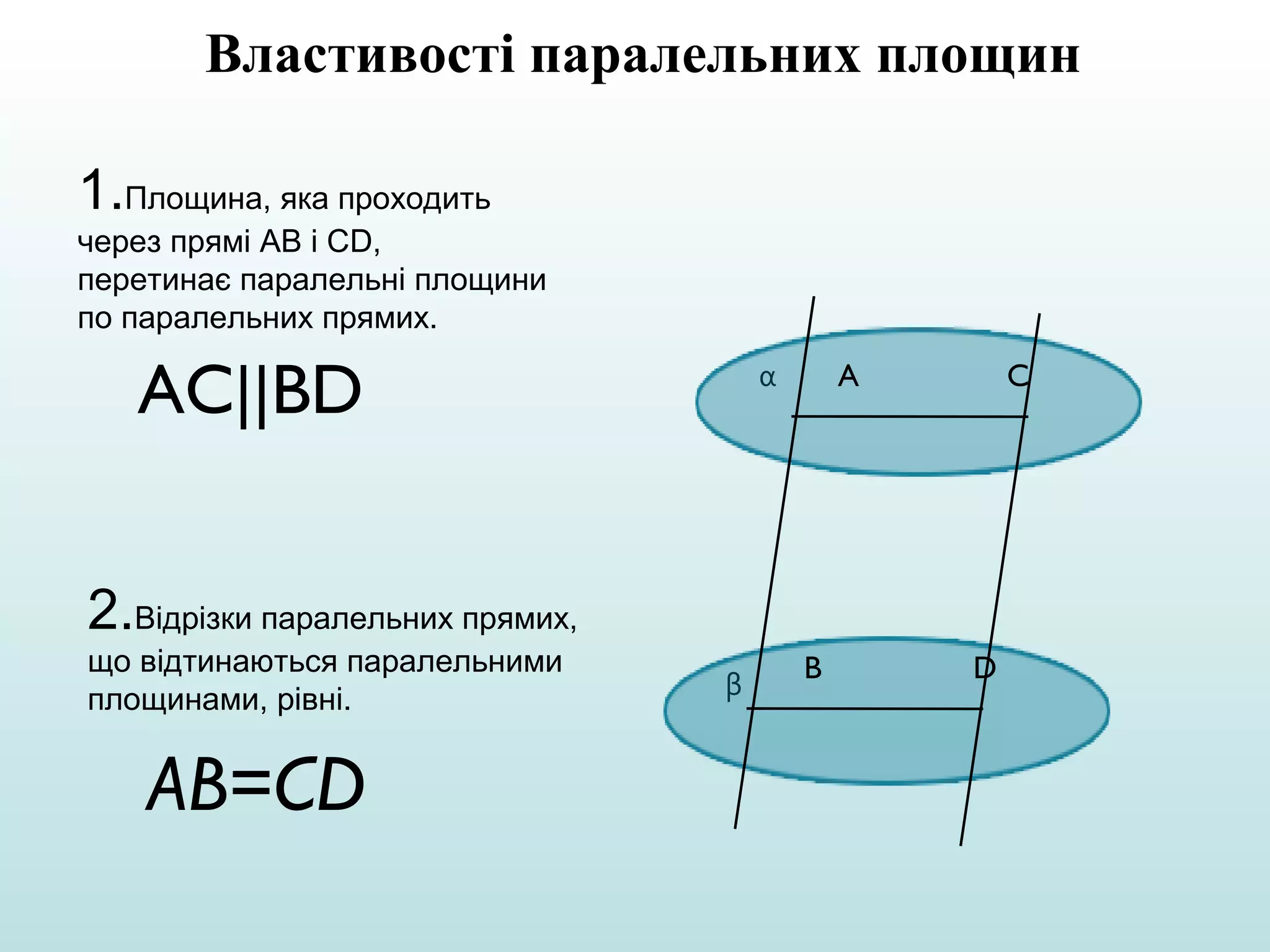 Властивості паралельних площин
1.Площина, яка проходить
через прямі АВ і СD,
перетинає паралельні площини
по паралельних прямих.

AC||BD

α

A

C

2.Відрізки паралельних прямих,
що відтинаються паралельними
площинами, рівні.

AB=CD

β

B

D

 