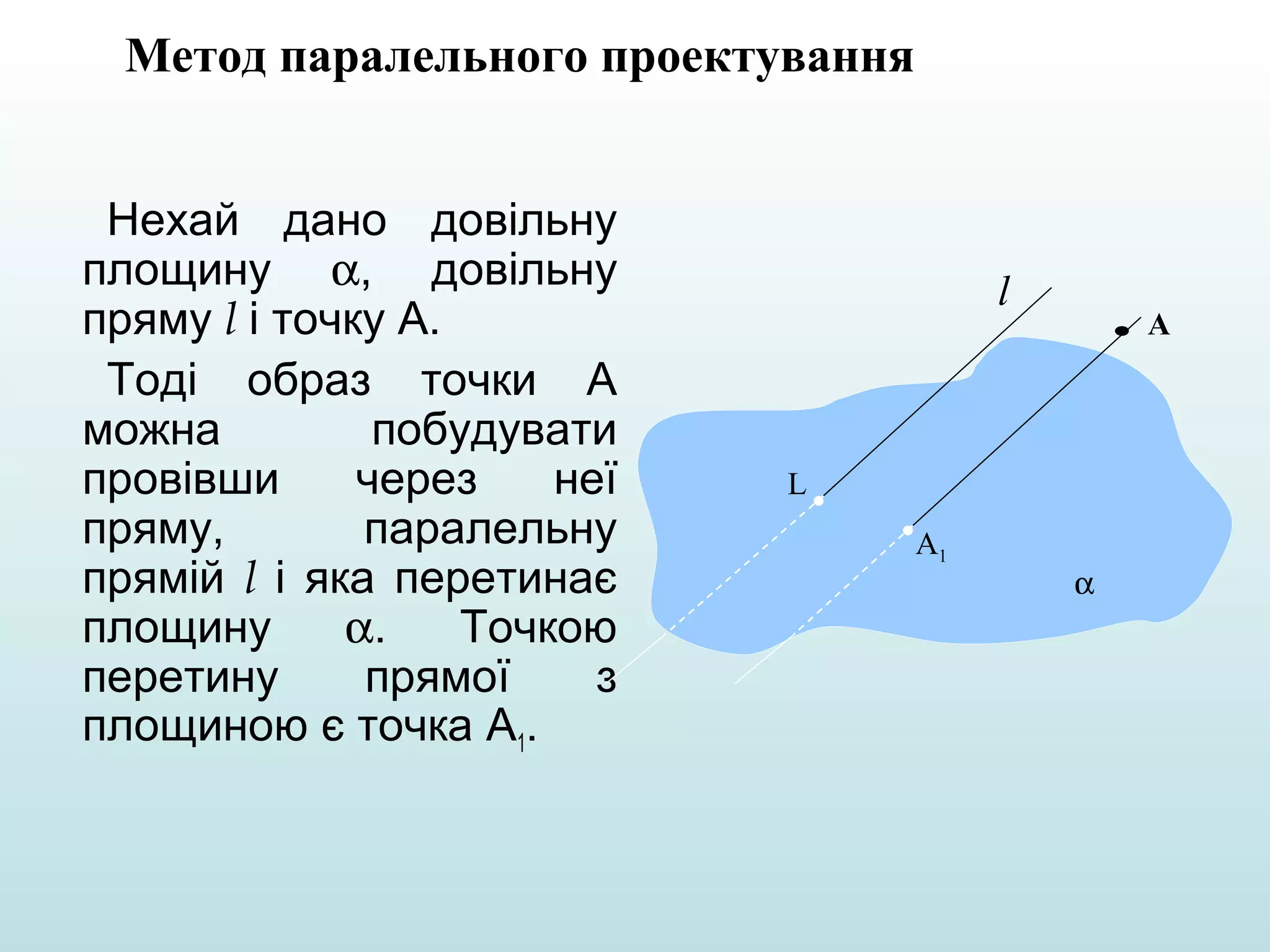Метод паралельного проектування
Нехай дано довільну
площину α, довільну
пряму l і точку А.
Тоді образ точки А
можна
побудувати
провівши
через
неї
пряму,
паралельну
прямій l і яка перетинає
площину
α.
Точкою
перетину
прямої
з
площиною є точка А1.

l

А

L
А1

α

 