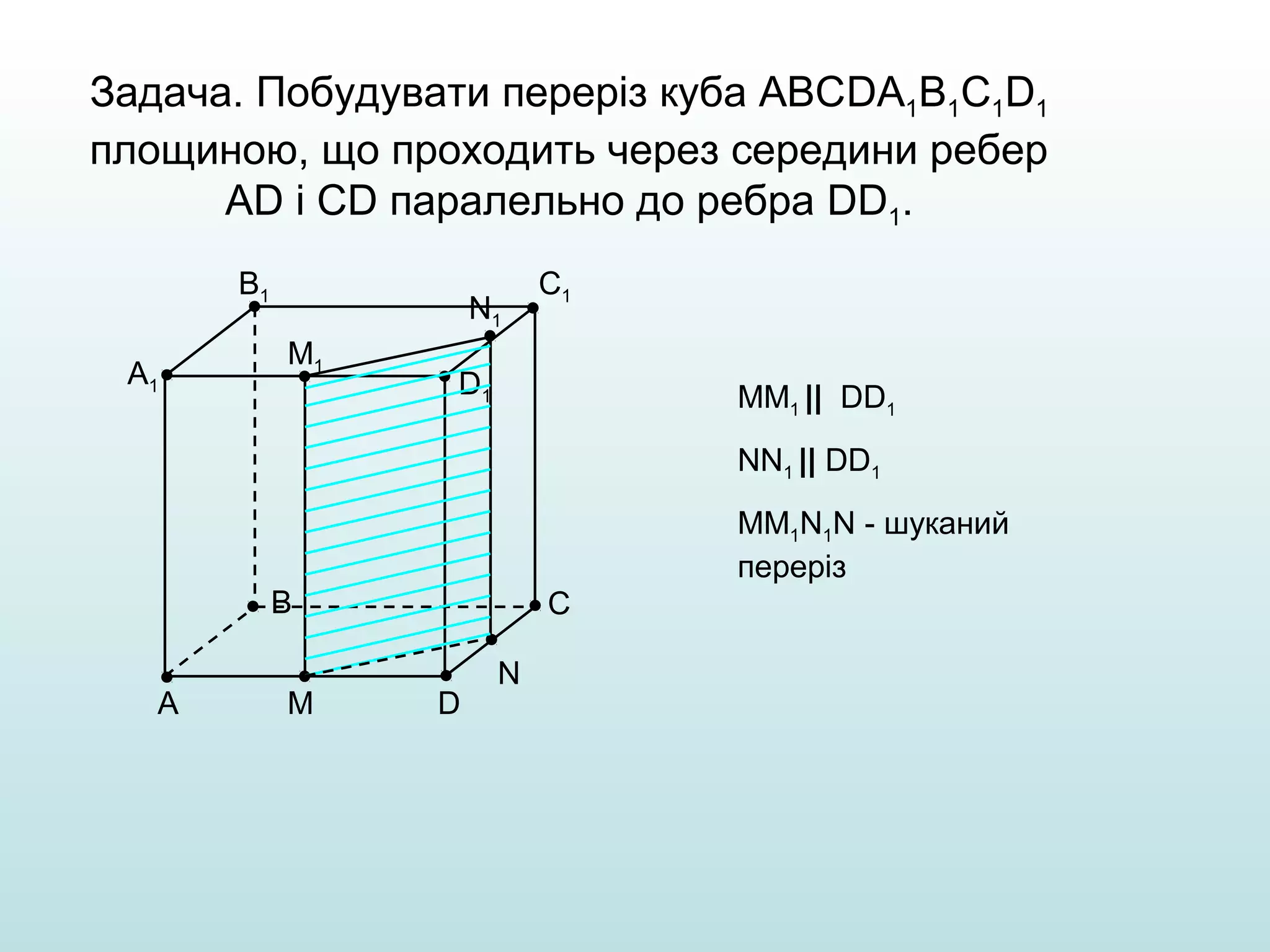 Задача. Побудувати переріз куба АВСDА1В1С1D1
площиною, що проходить через середини ребер
АD і СD паралельно до ребра DD1.
В1
А1

N1
М1

С1

D1

ММ1 || DD1
NN1 || DD1
МM1N1N - шуканий
переріз

В
А

М

С
D

N

 