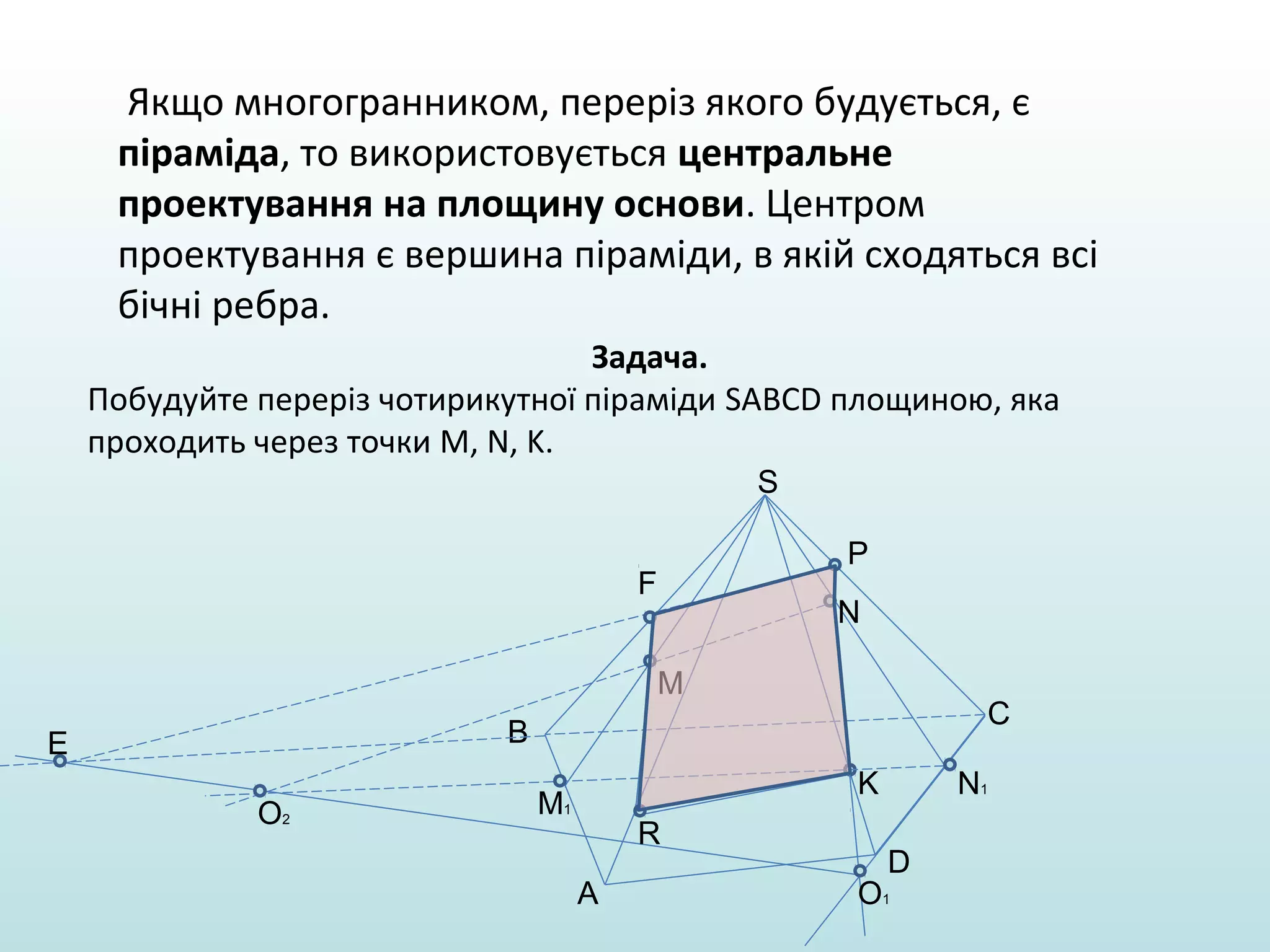 Якщо многогранником, переріз якого будується, є
піраміда, то використовується центральне
проектування на площину основи. Центром
проектування є вершина піраміди, в якій сходяться всі
бічні ребра.
Задача.
Побудуйте переріз чотирикутної піраміди SABCD площиною, яка
проходить через точки M, N, K.
S
P

F

N
M

C

B

E
O2

K

M1

R
A

N1
D

O1

 