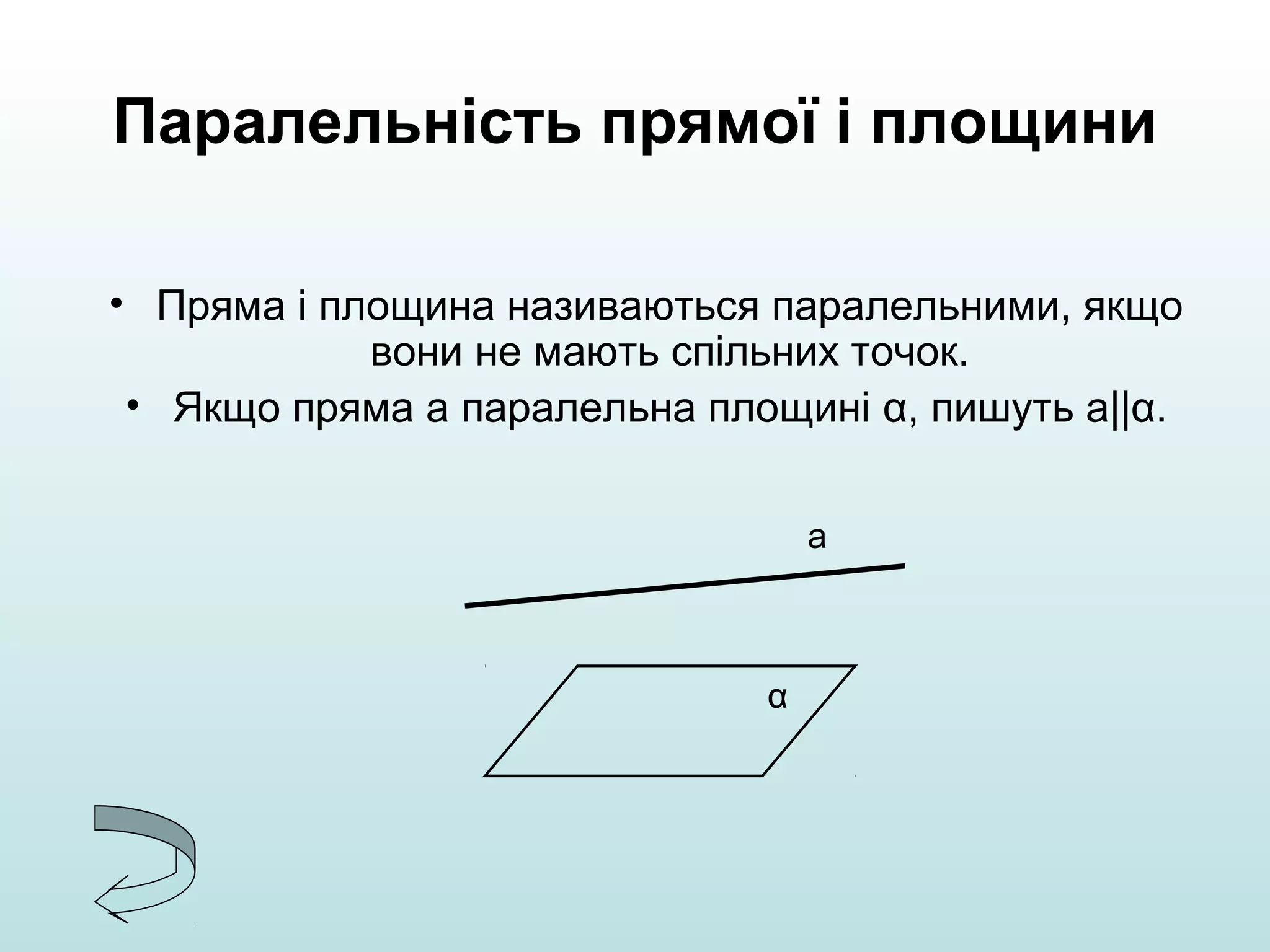 Паралельність прямої і площини
• Пряма і площина називаються паралельними, якщо
вони не мають спільних точок.
• Якщо пряма а паралельна площині α, пишуть а||α.
а

α

 