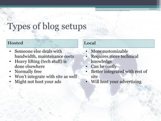 Types of blog setups Hosted Local Someone else deals with bandwidth, maintenance costs Heavy lifting (tech stuff) is done elsewhere Normally free Won’t integrate with site as well Might not host your ads More customizable Requires more technical knowledge Can be costly Better integrated with rest of site Will host your advertising 