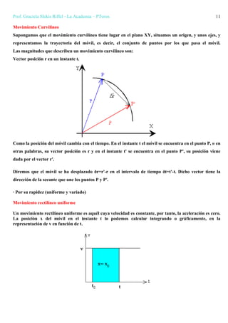 Prof. Graciela Slekis Riffel - La Academia – PToros 11
Movimiento Curvilíneo
Supongamos que el movimiento curvilíneo tiene lugar en el plano XY, situamos un origen, y unos ejes, y
representamos la trayectoria del móvil, es decir, el conjunto de puntos por los que pasa el móvil.
Las magnitudes que describen un movimiento curvilíneo son:
Vector posición r en un instante t.
Como la posición del móvil cambia con el tiempo. En el instante t el móvil se encuentra en el punto P, o en
otras palabras, su vector posición es r y en el instante t' se encuentra en el punto P', su posición viene
dada por el vector r'.
Diremos que el móvil se ha desplazado ðr=r'-r en el intervalo de tiempo ðt=t'-t. Dicho vector tiene la
dirección de la secante que une los puntos P y P'.
· Por su rapidez (uniforme y variado)
Movimiento rectilíneo uniforme
Un movimiento rectilíneo uniforme es aquél cuya velocidad es constante, por tanto, la aceleración es cero.
La posición x del móvil en el instante t lo podemos calcular integrando o gráficamente, en la
representación de v en función de t.
 