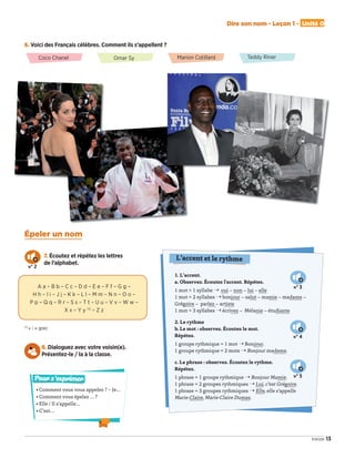 épeler un nom
6. Voici des Français célèbres. Comment ils s’appellent ?
n° 2
13
Dire son nom - Leçon 1 - Unité 0
treize
Coco Chanel Omar Sy Marion Cotillard Teddy Riner
7. Écoutez et répétez les lettres
de l’alphabet.
A a – B b – C c – D d – E e – F f – G g –
H h – I i – J j – K k – L l – M m – N n – O o –
P p – Q q – R r – S s – T t – U u – V v – W w –
X x – Y y (1)
– Z z
(1)
« i » grec
8. Dialoguez avec votre voisin(e).
Présentez-le / la à la classe.
• Comment vous vous appelez ? – Je…
• Comment vous épelez … ?
• Elle / Il s’appelle…
• C’est…
Pour s’exprimer
1. L’accent.
a. Observez. Écoutez l'accent. Répétez.
1 mot = 1 syllabe � oui – non – lui – elle
1 mot = 2 syllabes � bonjour – salut – mamie – madame –
Grégoire – parlez – artiste
1 mot = 3 syllabes � écrivez – Mélanie – étudiante
2. Le rythme
b. Le mot : observez. Écoutez le mot.
Répétez.
1 groupe rythmique = 1 mot � Bonjour.
1 groupe rythmique = 2 mots � Bonjour madame.
c. La phrase : observez. Écoutez le rythme.
Répétez.
1 phrase = 1 groupe rythmique � Bonjour Mamie.
1 phrase = 2 groupes rythmiques � Lui, c’est Grégoire.
1 phrase = 3 groupes rythmiques � Elle, elle s’appelle
Marie-Claire, Marie-Claire Dumas.
L’accent et le rythme
n° 3
n° 4
n° 5
09038525_011-018_U0.indd 13 01/12/15 13:45
 