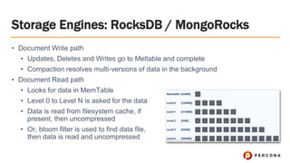 Storage Engines: RocksDB / MongoRocks
• Document Write path
• Updates, Deletes and Writes go to Meltable and complete
• Compaction resolves multi-versions of data in the background
• Document Read path
• Looks for data in MemTable
• Level 0 to Level N is asked for the data
• Data is read from filesystem cache, if
present, then uncompressed
• Or, bloom filter is used to find data file,
then data is read and uncompressed
 