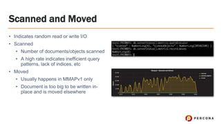 Scanned and Moved
• Indicates random read or write I/O
• Scanned
• Number of documents/objects scanned
• A high rate indicates inefficient query
patterns, lack of indices, etc
• Moved
• Usually happens in MMAPv1 only
• Document is too big to be written in-
place and is moved elsewhere
 