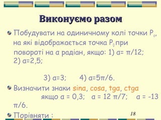 18
Виконуємо разомВиконуємо разом
Побудувати на одиничному колі точки Рα,
на які відображається точка Р0 при
повороті на α радіан, якщо: 1) α= π/12;
2) α=2,5;
3) α=3; 4) α=5π/6.
Визначити знаки sinα, cosα, tgα, ctgα
якщо α = 0,3; α = 12 π/7; α = -13
π/6.
Порівняти :
 