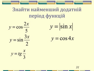 31
Знайти найменший додатній
період функцій
5
2
cos
x
y =
2
3
sin
x
y =
3
x
tgy =
xy sin=
хy 4cos=
 