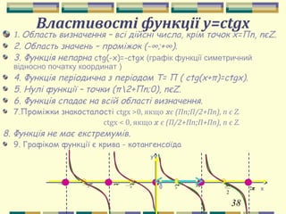 38
Властивості функції y=ctgх
1. Область визначення – всі дійсні числа, крім точок х=Пn, nєZ.
2. Область значень – проміжок (-∞;+∞).
3. Функція непарна ctg(-х)=-ctgх (графік функції симетричний
відносно початку координат )
4. Функція періодична з періодом Т= П ( сtg(x+π)=сtgx).
5. Нулі функції – точки (π2+Пn;0), nєZ.
6. Функція спадає на всій області визначення.
7.Проміжки знакосталості ctgх >0, якщо xє (Пn;П/2+Пn), n є Z.
ctgх < 0, якщо x є (П/2+Пn;П+Пn), n є Z.
8. Функція не має екстремумів.
9. Графіком функції є крива - котангенсоїда
0
π−
y
x2
π
2
π−
2
3π−
π2−
π
2
3π
π2
 