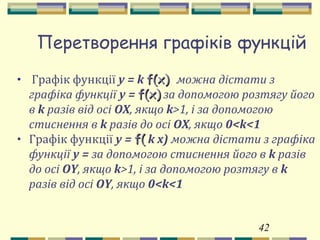 42
Перетворення графіків функцій
• Графік функції y = k f(x)f(x) можна дістати з
графіка функції y = f(x)f(x) за допомогою розтягу його
в k разів від осі OX, якщо k>1, і за допомогою
стиснення в k разів до осі OX, якщо 0<k<1
• Графік функції y = f(f( k x) можна дістати з графіка
функції y = за допомогою стиснення його в k разів
до осі OY, якщо k>1, і за допомогою розтягу в k
разів від осі OY, якщо 0<k<1
 