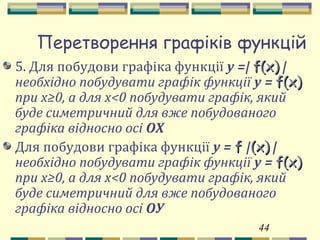 44
Перетворення графіків функцій
5. Для побудови графіка функції y =| f(x)f(x) |
необхідно побудувати графік функції y = f(x)f(x)
при x≥0, а для x<0 побудувати графік, який
буде симетричний для вже побудованого
графіка відносно осі OХ
Для побудови графіка функції y = ff |(x)(x) |
необхідно побудувати графік функції y = f(x)f(x)
при x≥0, а для x<0 побудувати графік, який
буде симетричний для вже побудованого
графіка відносно осі OУ
 