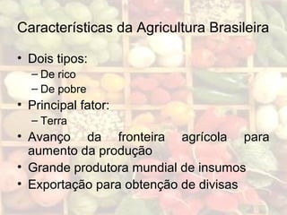 Características da Agricultura Brasileira
• Dois tipos:
– De rico
– De pobre
• Principal fator:
– Terra
• Avanço da fronteira agrícola para
aumento da produção
• Grande produtora mundial de insumos
• Exportação para obtenção de divisas
 