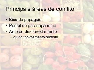 Principais áreas de conflito
• Bico do papagaio
• Pontal do paranapanema
• Arco do desflorestamento
– ou do “povoamento recente”
 