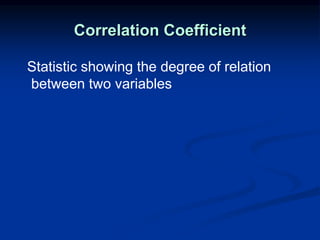 Correlation Coefficient
Statistic showing the degree of relation
between two variables
 