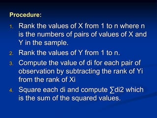 Procedure:
1. Rank the values of X from 1 to n where n
is the numbers of pairs of values of X and
Y in the sample.
2. Rank the values of Y from 1 to n.
3. Compute the value of di for each pair of
observation by subtracting the rank of Yi
from the rank of Xi
4. Square each di and compute ∑di2 which
is the sum of the squared values.
 