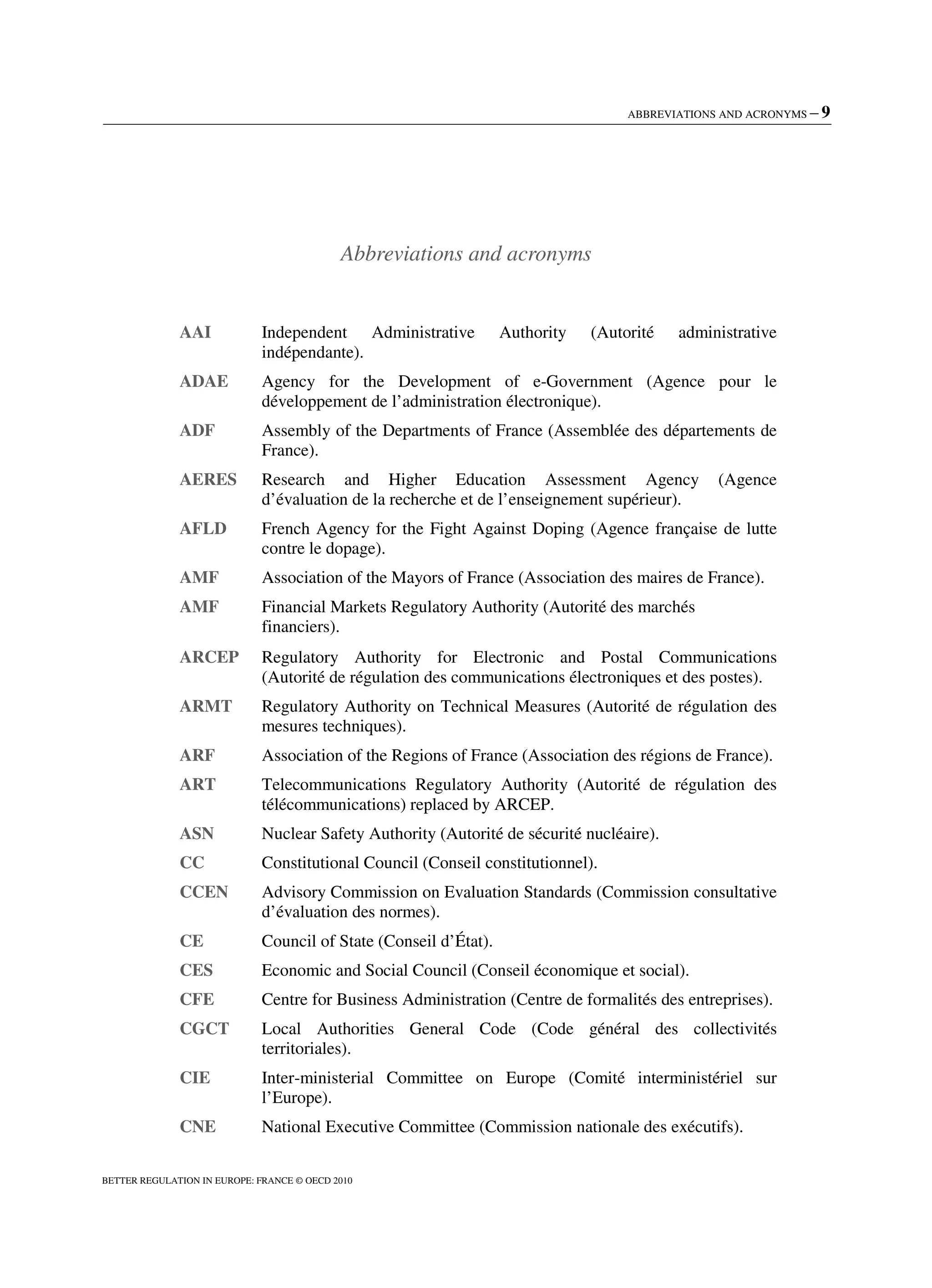 ABBREVIATIONS AND ACRONYMS – 9
BETTER REGULATION IN EUROPE: FRANCE © OECD 2010
Abbreviations and acronyms
AAI Independent Administrative Authority (Autorité administrative
indépendante).
ADAE Agency for the Development of e-Government (Agence pour le
développement de l’administration électronique).
ADF Assembly of the Departments of France (Assemblée des départements de
France).
AERES Research and Higher Education Assessment Agency (Agence
d’évaluation de la recherche et de l’enseignement supérieur).
AFLD French Agency for the Fight Against Doping (Agence française de lutte
contre le dopage).
AMF Association of the Mayors of France (Association des maires de France).
AMF Financial Markets Regulatory Authority (Autorité des marchés
financiers).
ARCEP Regulatory Authority for Electronic and Postal Communications
(Autorité de régulation des communications électroniques et des postes).
ARMT Regulatory Authority on Technical Measures (Autorité de régulation des
mesures techniques).
ARF Association of the Regions of France (Association des régions de France).
ART Telecommunications Regulatory Authority (Autorité de régulation des
télécommunications) replaced by ARCEP.
ASN Nuclear Safety Authority (Autorité de sécurité nucléaire).
CC Constitutional Council (Conseil constitutionnel).
CCEN Advisory Commission on Evaluation Standards (Commission consultative
d’évaluation des normes).
CE Council of State (Conseil d’État).
CES Economic and Social Council (Conseil économique et social).
CFE Centre for Business Administration (Centre de formalités des entreprises).
CGCT Local Authorities General Code (Code général des collectivités
territoriales).
CIE Inter-ministerial Committee on Europe (Comité interministériel sur
l’Europe).
CNE National Executive Committee (Commission nationale des exécutifs).
 