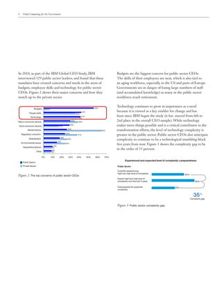 4 Cloud Computing for the Government
Budgets are the biggest concern for public sector CEOs.
The skills of their employees are next, which is also tied to
an aging workforce, especially in the US and parts of Europe.
Governments are in danger of losing large numbers of staff
(and accumulated knowledge) as many in the public sector
workforce reach retirement.
Technology continues to grow in importance as a need
because it is viewed as a key enabler for change and has
been since IBM began the study (it has moved from 6th to
2nd place in the overall CEO sample). While technology
makes more things possible and is a critical contributor to the
transformation efforts, the level of technology complexity is
greater in the public sector. Public sector CEOs also anticipate
complexity to continue to be a technological stumbling block
five years from now. Figure 3 shows the complexity gap to be
in the order of 35 percent.
In 2010, as part of the IBM Global CEO Study, IBM
interviewed 329 public sector leaders, and found that these
mandates have created concerns and needs in the areas of
budgets, employee skills and technology for public sector
CEOs. Figure 2 shows their major concerns and how they
match up to the private sector.
8%
9%
8%
10%
24%
15%
26%
18%
37%
24%
64%
26%
17%
29%
38%
30%
38%
41%
35%
42%
56%
4%Budgets
People skills
Technology
Macro-economic factors
Socio-economic factors
Market factors
Regulatory concerns
Globalization
Environmental issues
Geopolitical factors
Other
0% 10% 20% 30% 40% 50% 60% 70%
Public Sector
Private Sector
Figure 2: The top concerns of public sector CEOs
Figure 3: Public sector complexity gap.
Currently experiencing
high/very high level of complexity
Expect high/very high level of
complexity over the next 5 years
Feel prepared for expected
complexity
Public Sector
65%
85%
50%
Complexity gap
Experienced and expected level of complexity v preparedness
35%
 