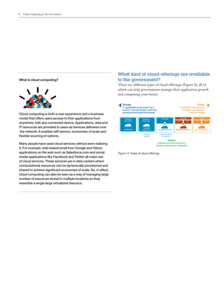 8 Cloud Computing for the Government
What kind of cloud offerings are available
to the government?
There are different types of cloud offerings (Figure 8), all of
which can help governments manage their application growth
and computing costs better.
What is cloud computing?
Cloud computing is both a user experience and a business
model that offers users access to their applications from
anywhere, with any connected device. Applications, data and
IT resources are provided to users as services delivered over
the network. It enables self-service, economies of scale and
flexible sourcing of options.
Many people have used cloud services without even realizing
it. For example, web-based email from Google and Yahoo,
applications on the web such as Salesforce.com and social
media applications like Facebook and Twitter all make use
of cloud services. These services are in data centers where
computational resources can be dynamically provisioned and
shared to achieve significant economies of scale. So, in effect,
cloud computing can also be seen as a way of managing large
number of resources stored in multiple locations so they
resemble a single large virtualized resource.
Private
IT capabilities are provided “as a
service,” over an intranet, within the
enterprise and behind the firewall
Public
IT activities / functions are
provided “as a service,”
over the internet
Enterprise
data center
Enterprise
data center
managed
private cloud Hosted private cloud Shared cloud services
Enterprise
A B
Public cloud services
Users
A B
Enterprise
Figure 8: Types of cloud offerings.
private cloud
Third-party
operated
Third-party hosted
and operated
Hybrid
Internal and external service
delivery methods are integrated
 